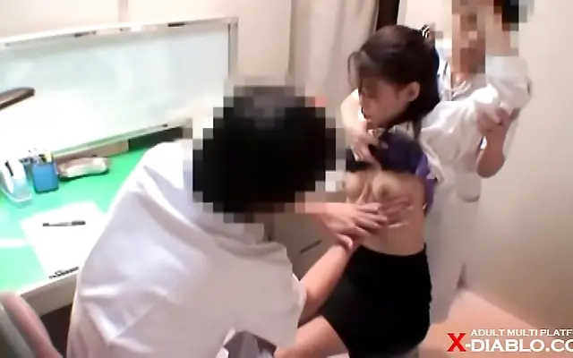 Fingering her tight pussy during a secret gynecologist exam with big tits exposed