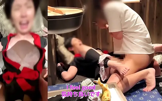Curtain rustles as shy ninja waitress strips for naughty interview creampie fun