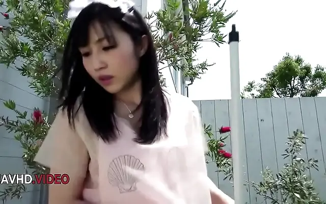 Asian maid seduces on the bed with perky tits and naughty JAV allure