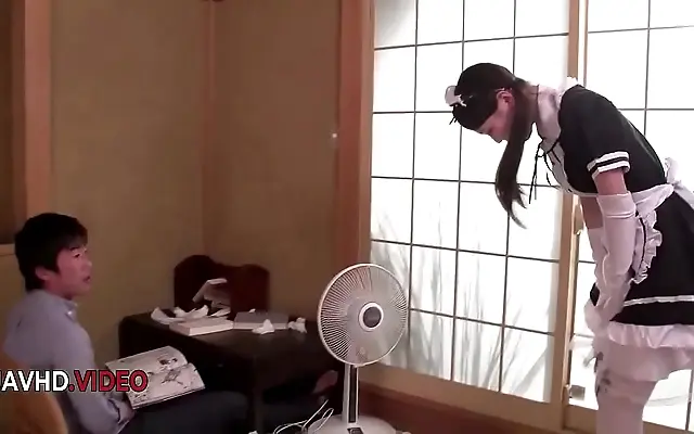 Behind the velvet curtains a sultry Japanese maid gets ravaged by multiple men