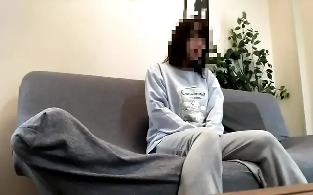 Amateur cutie in soft loungewear wakes up and teases with a new toy