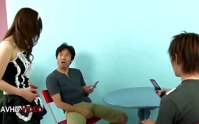Kneels for double creampie as Japanese starlet Miku Airi pleases two men