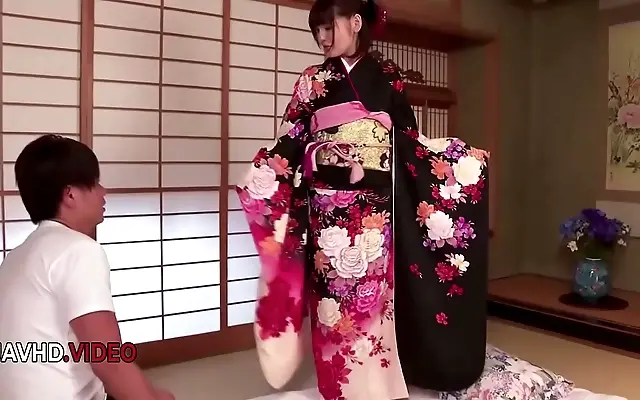 Intense Japanese beauty in kimono fulfills wild creampie fantasies